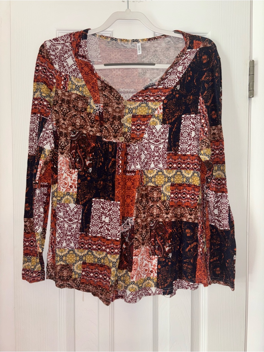 Kathy Patchwork V-Neck Long Sleeve Tunic Top - Multi Brown/Red